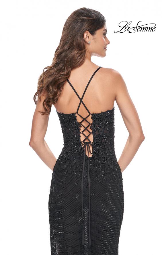 Picture of: Rhinestone Fishnet Gown with Lace Detail and High Slit in Black, Style: 32218, Back Picture