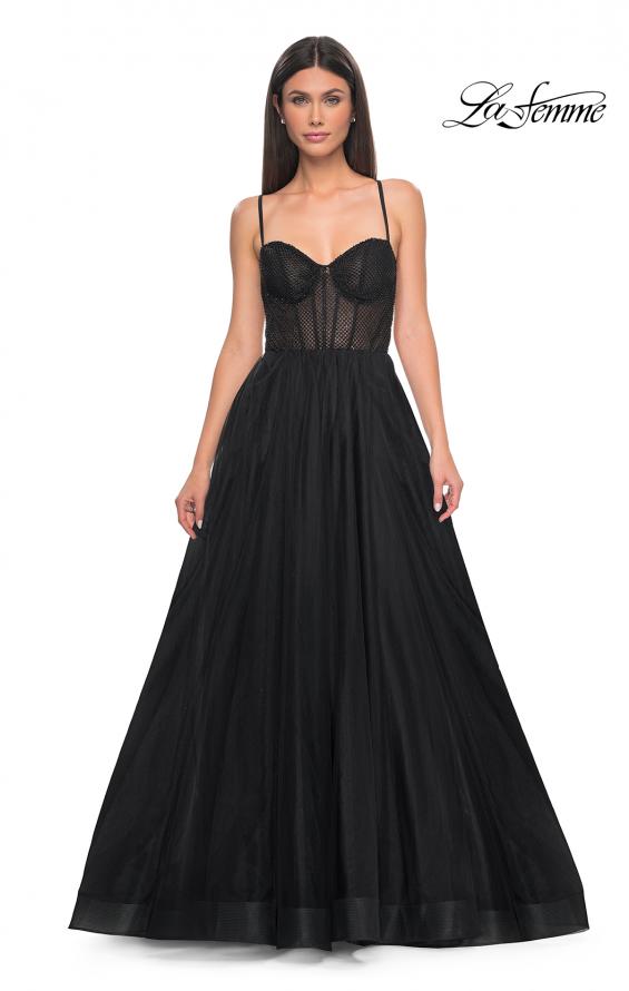 Picture of: A-Line Tulle Gown with High Slit and Illusion Rhinestone Fishnet Bodice in Black, Style: 32135, Detail Picture 21