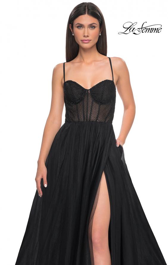 Picture of: A-Line Tulle Gown with High Slit and Illusion Rhinestone Fishnet Bodice in Black, Style: 32135, Detail Picture 23