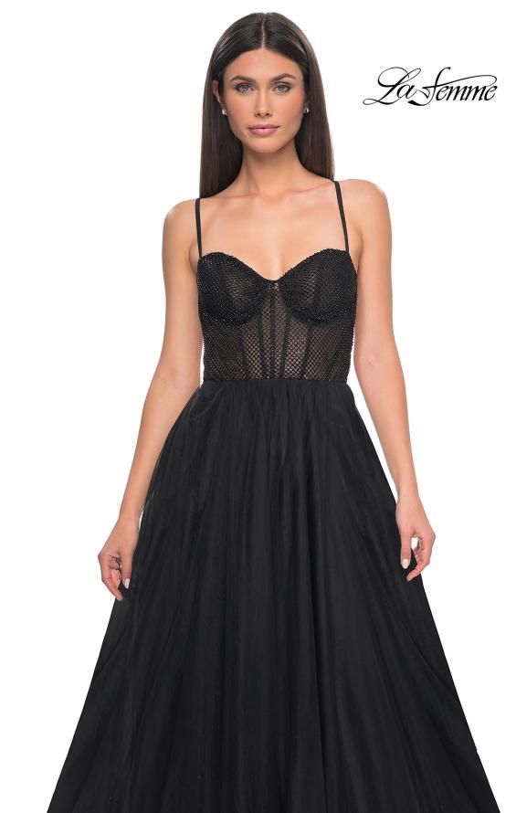 Picture of: A-Line Tulle Gown with High Slit and Illusion Rhinestone Fishnet Bodice in Black, Style: 32135, Detail Picture 24
