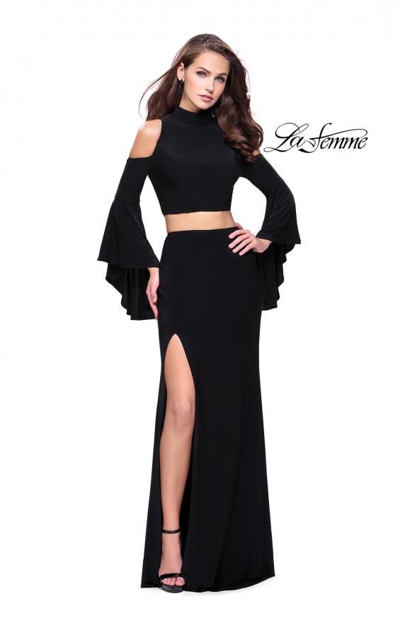 Picture of: Long Two Piece Dress with Cold Shoulders and Bell Sleeves in Black, Style: 25353, Detail Picture 1