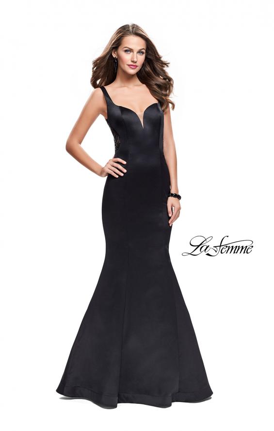 Picture of: Long Mermaid Gown with Sheer Deep V and Beading in Black, Style: 25454, Detail Picture 1