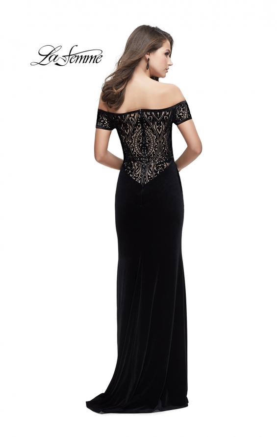 Picture of: Off the Shoulder Velvet Dress with Sheer Burnout Back in Black, Style: 25554, Detail Picture 1