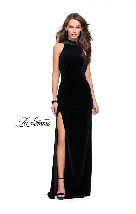 Picture of: Form Fitting Velvet Prom Dress with High Neckline in Black, Style: 25559, Detail Picture 1