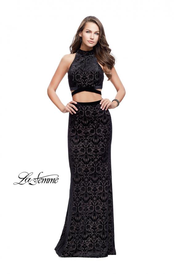 Picture of: Form Fitting Two Piece Prom Dress with Side Cut Outs in Black, Style: 25589, Detail Picture 1