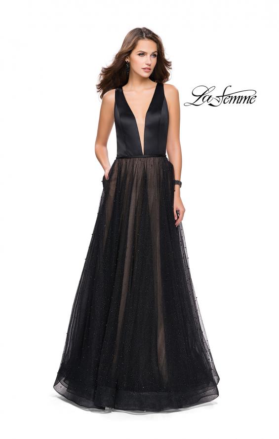 Picture of: A-line Prom Dress with Pearl Beading and a Tulle Skirt in Black, Style: 25630, Detail Picture 1
