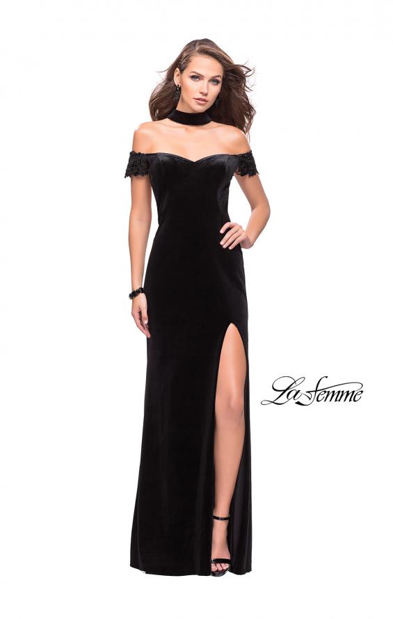 Picture of: Off the Shoulder Velvet Dress with Attached Choker in Black, Style: 25937, Detail Picture 1