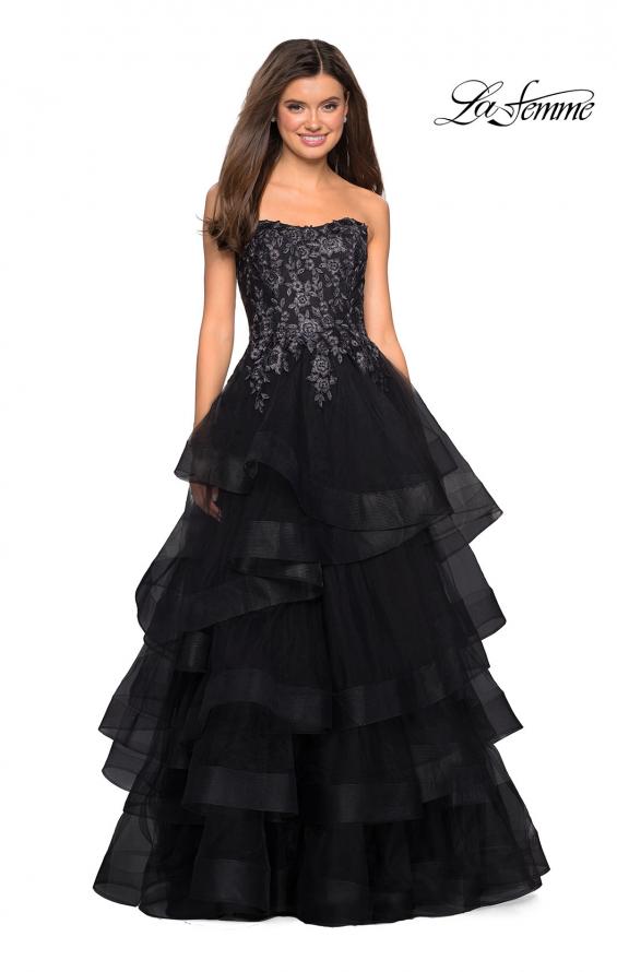 Picture of: Strapless Floor Length Layered Tulle Prom Gown in Black, Style: 27291, Detail Picture 1