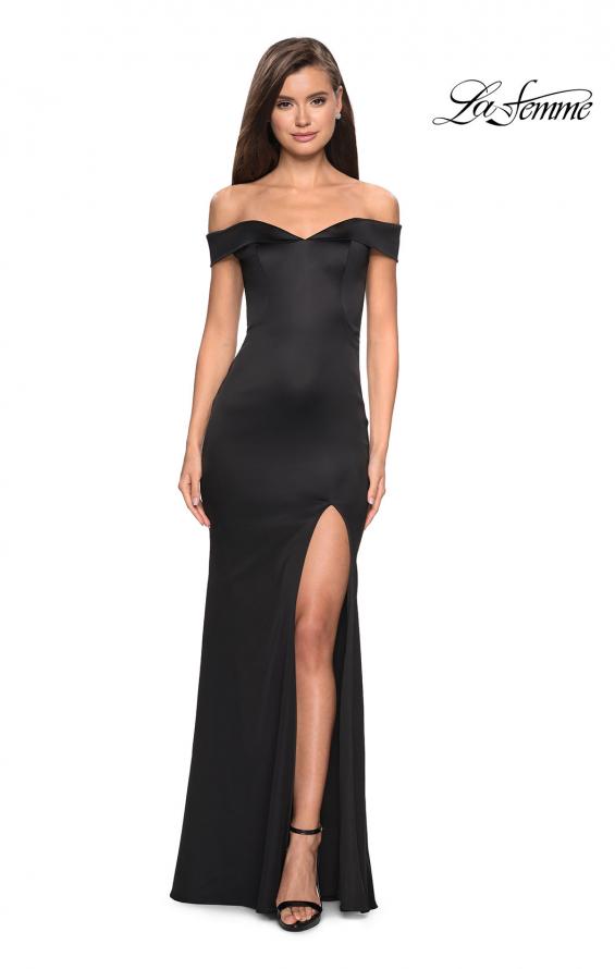 Picture of: Form Fitting Off the Shoulder Satin Prom Dress in Black, Style: 27752, Detail Picture 1