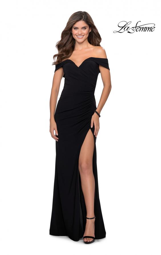 Picture of: Off the Shoulder Fully Ruched Floor Length Gown in Black, Style: 28389, Detail Picture 1
