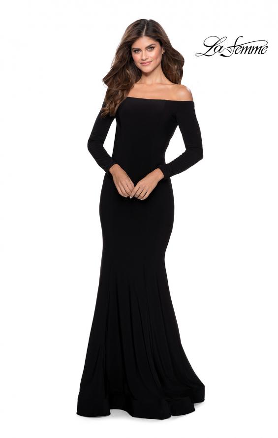 Picture of: Off the Shoulder Long Sleeve Jersey Prom Dress in Black, Style: 28754, Detail Picture 1