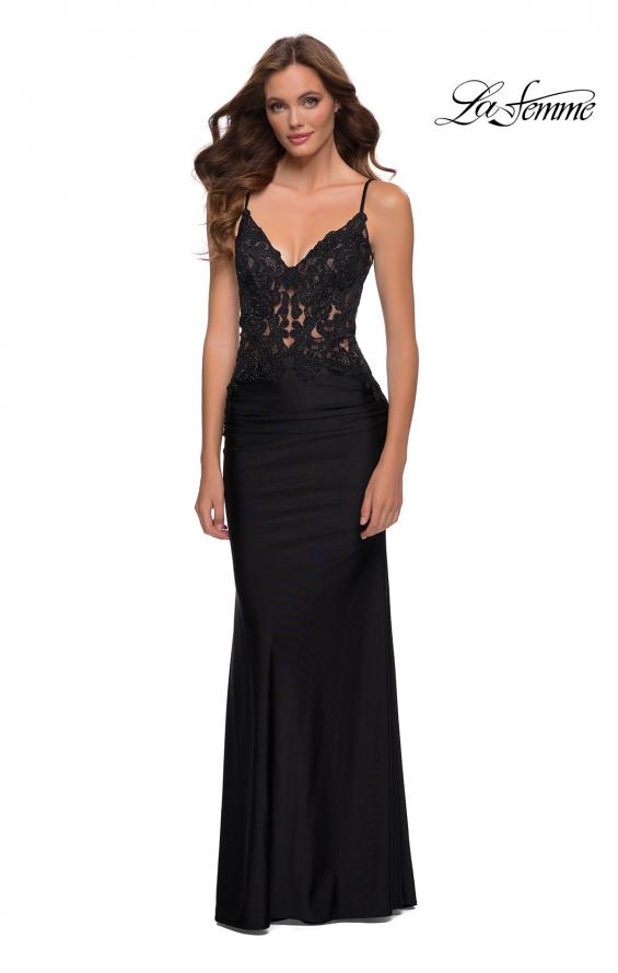Picture of: Jersey Gown with Sheer Lace Bodice and Ruching in Black, Style 29774, Detail Picture 1