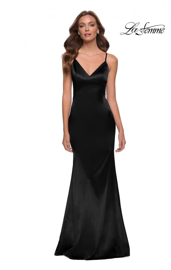 Picture of: Chic Long Stretch Satin Gown with V Neck and Back in Black, Style 29960, Detail Picture 1