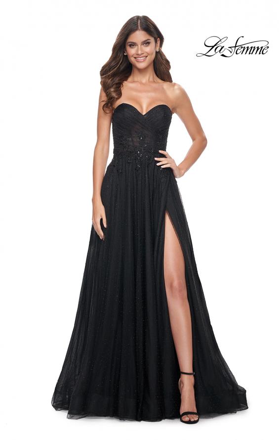 Picture of: Strapless Lace and Tulle Prom Dress with Lace Up Back in Black, Style: 32005, Detail Picture 1