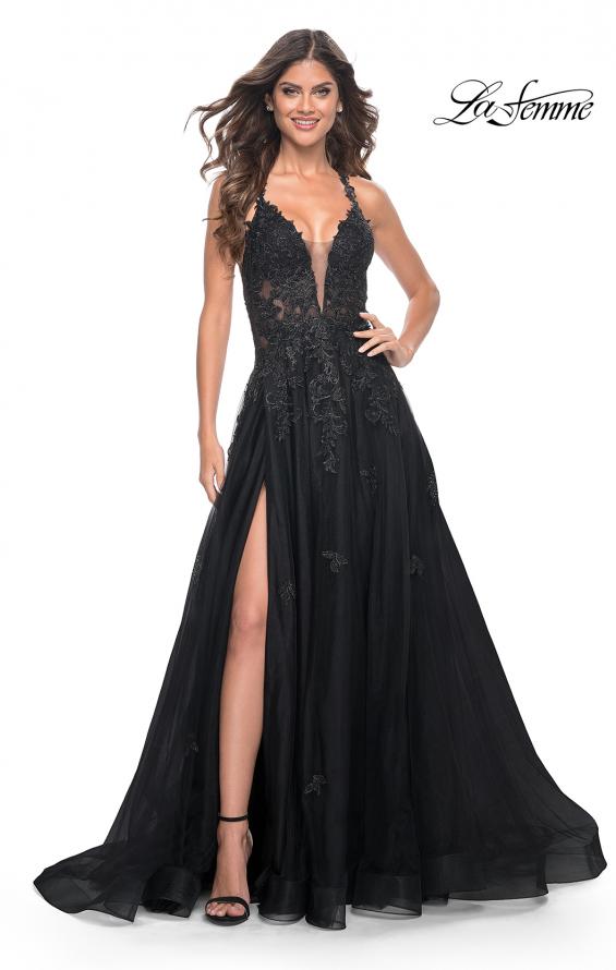 Picture of: A-Line Tulle Dress with Rhinestone Embellished Lace Applique in Black, Style: 32022, Detail Picture 1