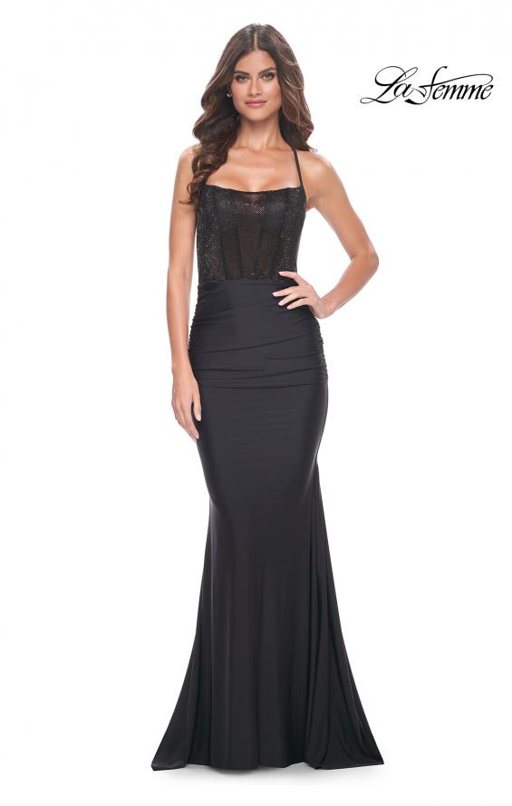 Picture of: Bustier Illusion Rhinestone Bodice with Ruched Skirt Prom Dress in Black, Style: 32064, Detail Picture 1