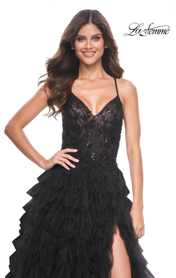 Picture of: Ruffle A-Line Dress with Ruched Bodice and Sequin Lace Applique in Black, Style: 32108, Detail Picture 1