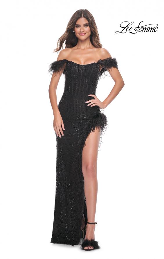 Picture of: Rhinestone Fishnet Dress with Feather Off the Shoulder Straps and Slit in Black, Style: 32151, Detail Picture 1