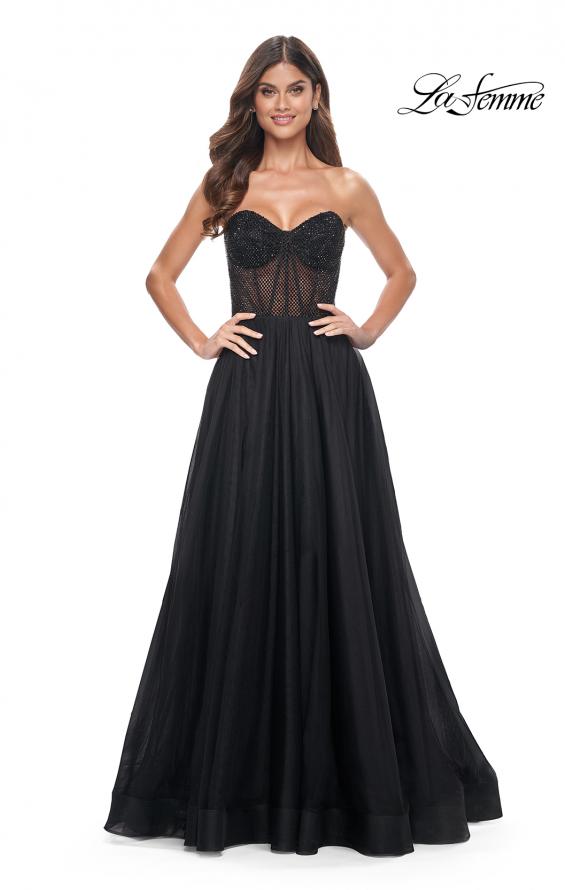 Picture of: A-Line Tulle Prom Dress with Rhinestone Fishnet Bodice in Black, Style: 32216, Detail Picture 1