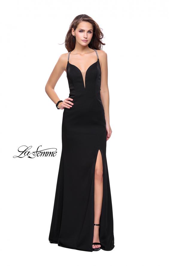 Picture of: Long Jersey Prom Dress with Plunging Neckline and Beading in Black, Style: 25398, Detail Picture 2