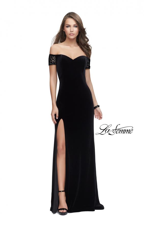 Picture of: Off the Shoulder Velvet Dress with Sheer Burnout Back in Black, Style: 25554, Detail Picture 2