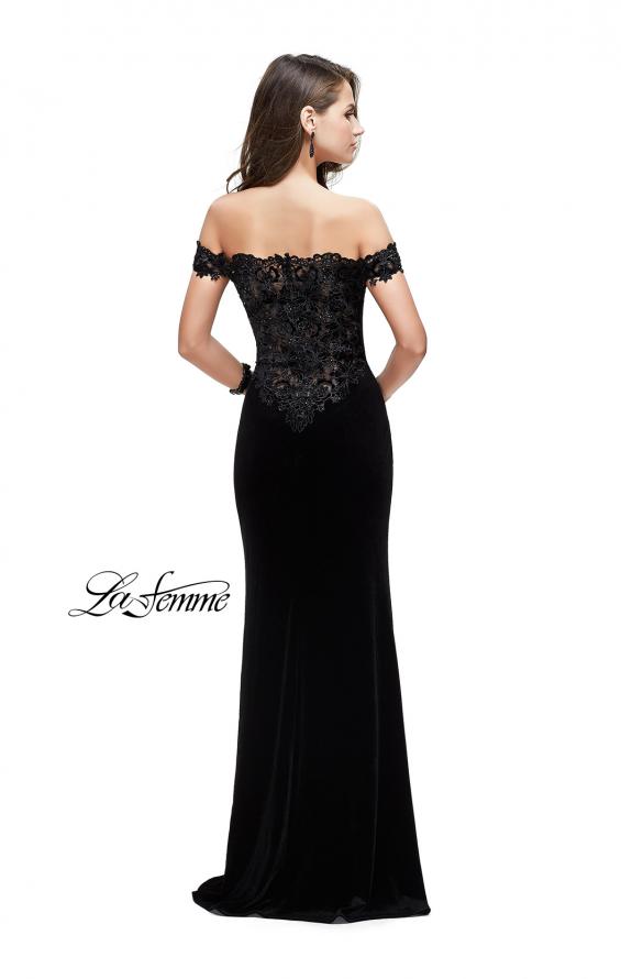 Picture of: Long Velvet Off the Shoulder Gown with Lace Detail in Black, Style: 25591, Detail Picture 2