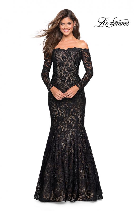 Picture of: Off the Shoulder Long Sleeve Lace Prom Gown in Black, Style: 26393, Detail Picture 2