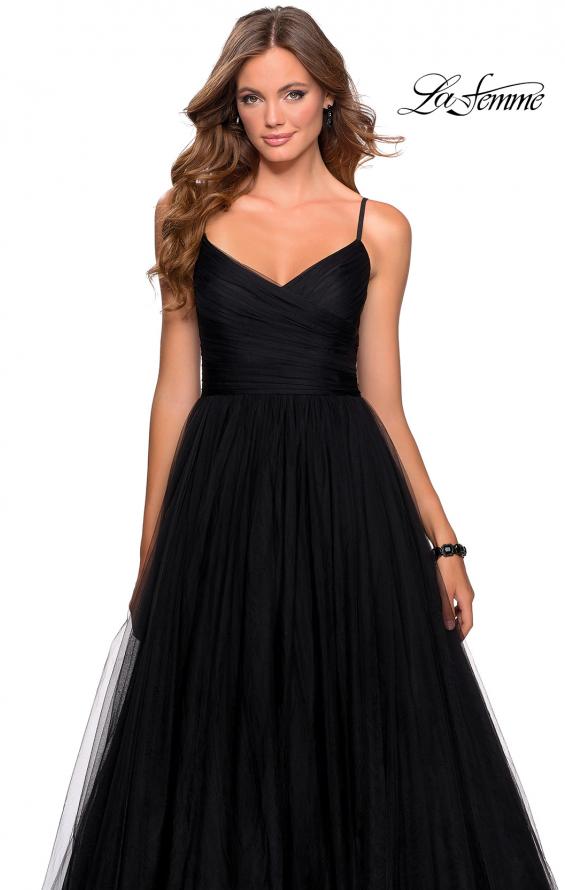 Picture of: Long Tulle Pleated Bodice Prom Gown with Pockets in Black, Style: 28123, Detail Picture 2
