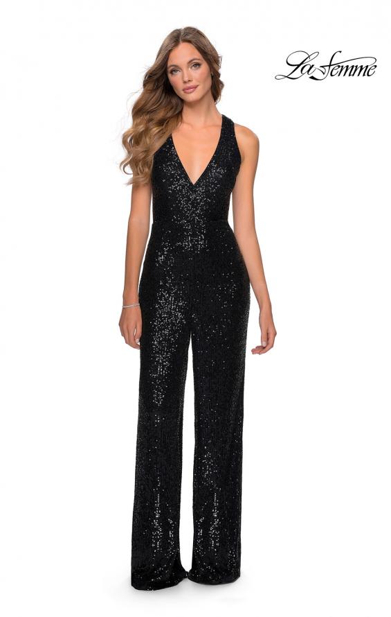 Picture of: Long Sequin Jumpsuit with Criss Cross Back in Black, Style: 28719, Detail Picture 2