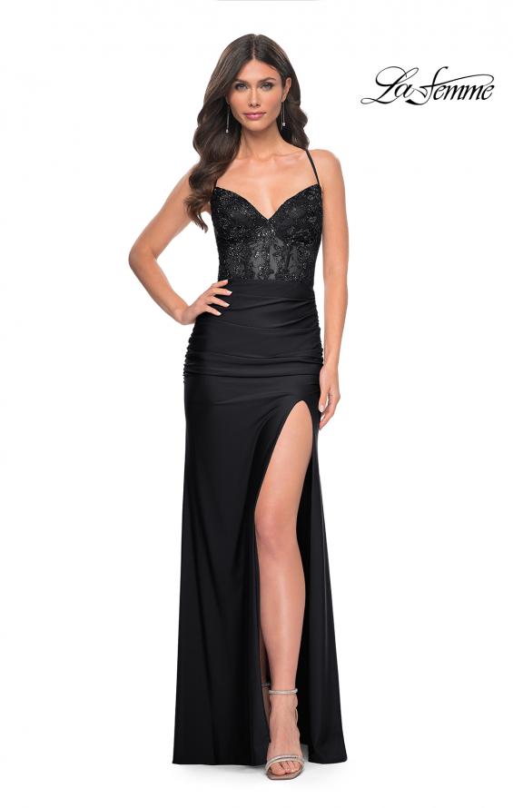 Picture of: Illusion Lace Bodice Prom Dress with Rhinestones in Black, Style: 31988, Detail Picture 2