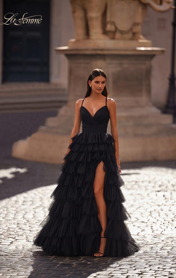 Picture of: A-Line Ruffle Tulle Gown with High Slit and Lace Up Back in Black, Style: 32086, Detail Picture 2