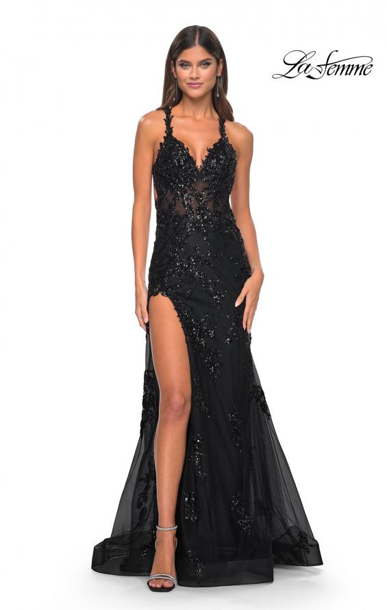 Picture of: Sequin Beaded Floral Gown with Illusion Bodice and High Slit in Black, Style: 32107, Detail Picture 2