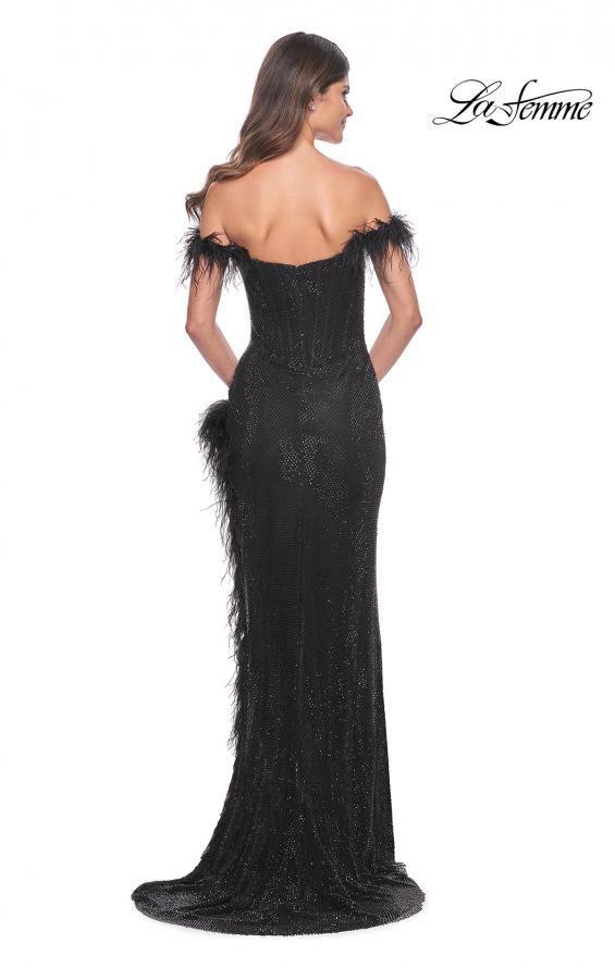 Picture of: Rhinestone Fishnet Dress with Feather Off the Shoulder Straps and Slit in Black, Style: 32151, Detail Picture 2