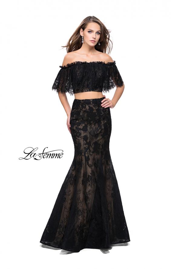 Picture of: Two Piece Mermaid Style Gown with Off the Shoulder Top in Black, Style: 25417, Detail Picture 3