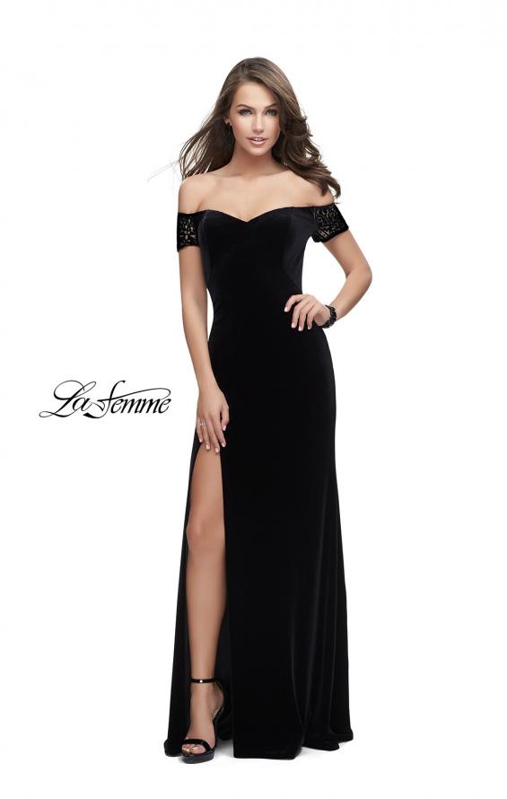 Picture of: Off the Shoulder Velvet Dress with Sheer Burnout Back in Black, Style: 25554, Detail Picture 3