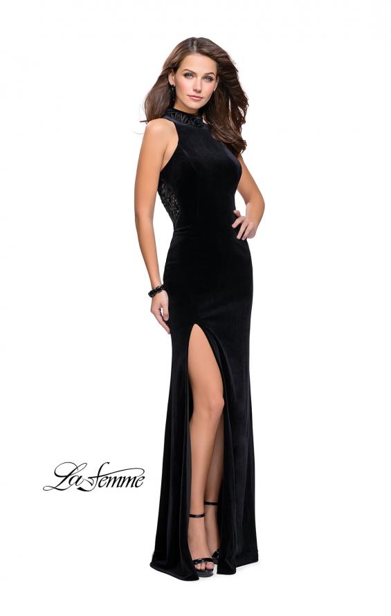 Picture of: Form Fitting Velvet Prom Dress with High Neckline in Black, Style: 25559, Detail Picture 3