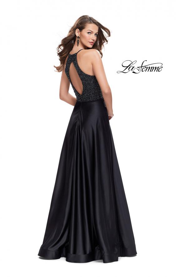 Picture of: Satin A-line Ball Gown Featuring Beading and a High Neck in Black, Style: 25601, Detail Picture 3