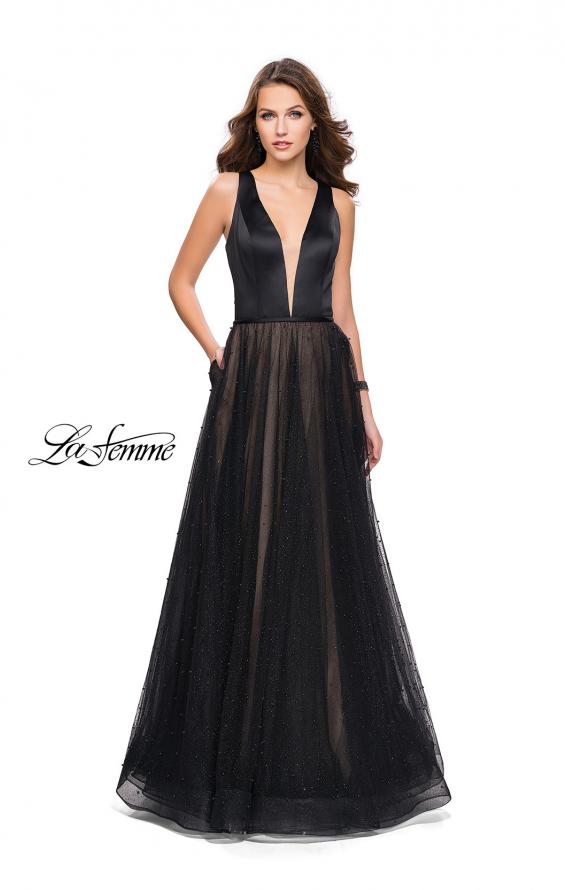 Picture of: A-line Prom Dress with Pearl Beading and a Tulle Skirt in Black, Style: 25630, Detail Picture 3