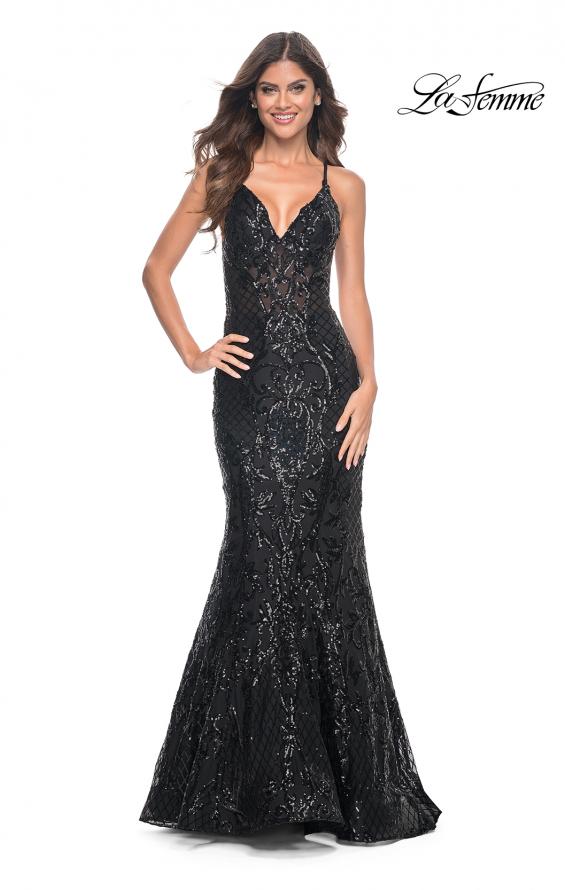 Picture of: Mermaid Print Sequin Dress with Lace Up Open Back in Black, Style: 31943, Detail Picture 3