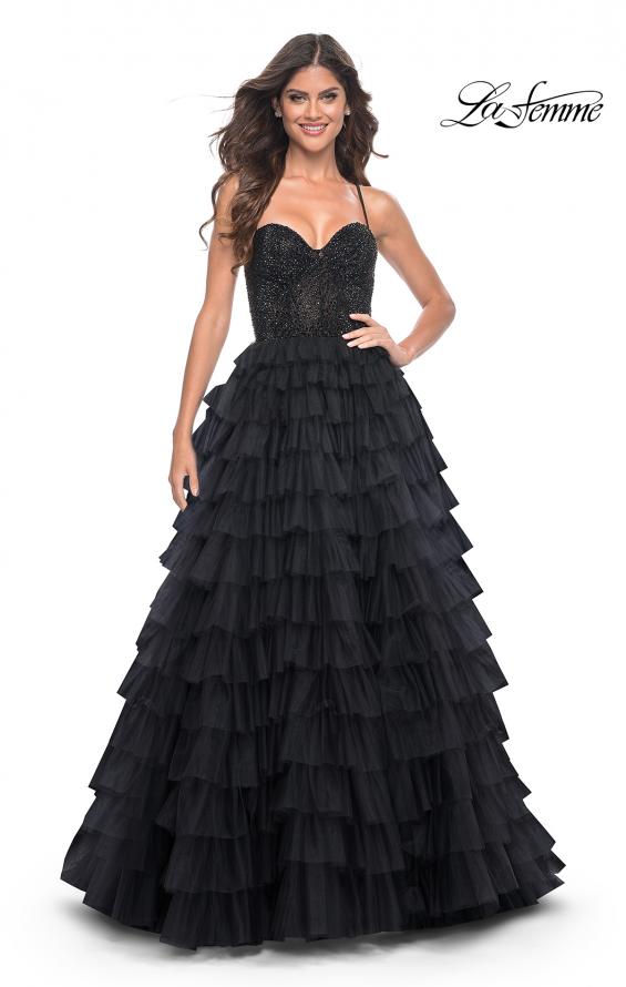 Picture of: Tiered Ruffle Tulle Prom Dress with Rhinestone Embellished Bodice in Black, Style: 32002, Detail Picture 3