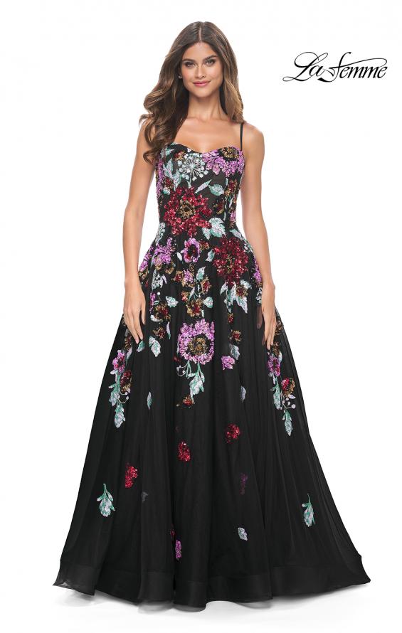 Picture of: Sequin Floral Print A-Line Tulle Gown with High Slit in Black, Style: 32019, Detail Picture 3