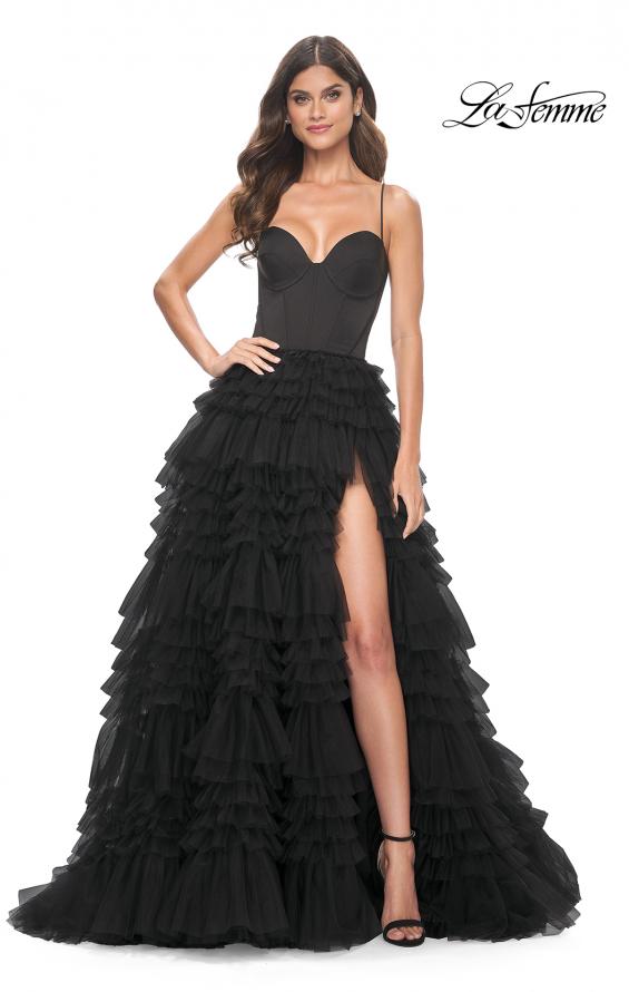 Picture of: Ruffle Tulle A-Line Dress with Satin Bustier Top in Black, Style: 32071, Detail Picture 3
