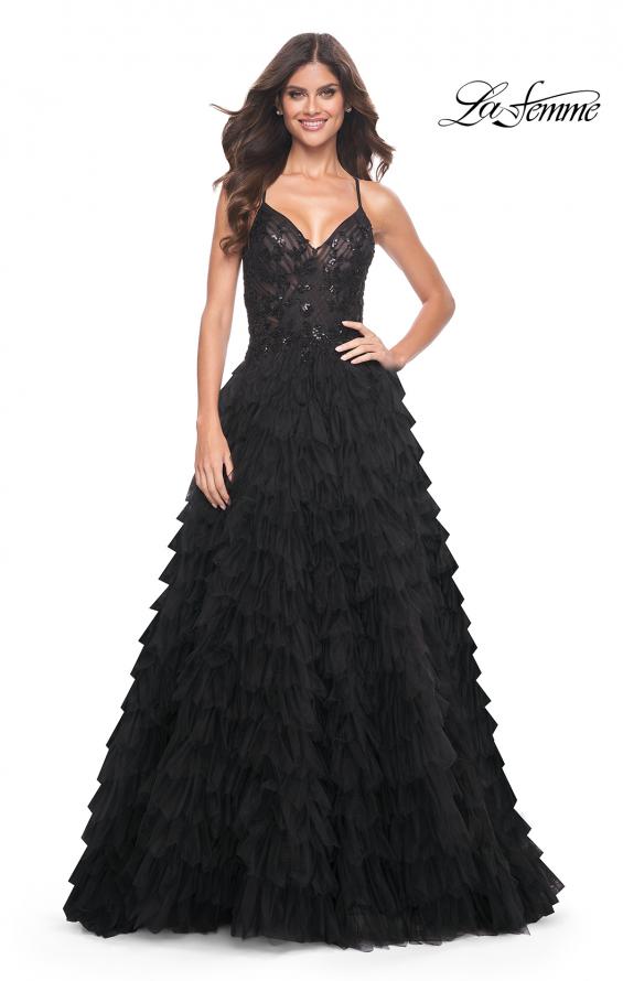 Picture of: Ruffle A-Line Dress with Ruched Bodice and Sequin Lace Applique in Black, Style: 32108, Detail Picture 3