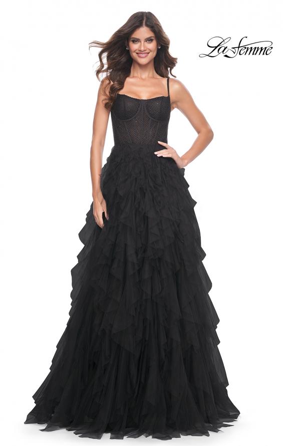 Picture of: Tulle A-Line Dress with Ruffle Skirt and Buster Rhinestone Fishnet Bodice in Black, Style: 32233, Detail Picture 3