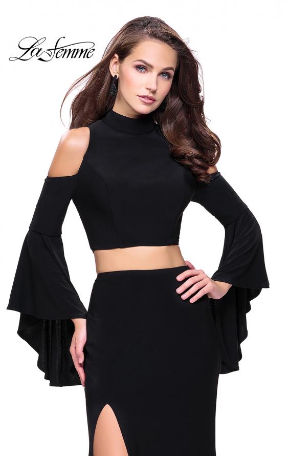 Picture of: Long Two Piece Dress with Cold Shoulders and Bell Sleeves in Black, Style: 25353, Detail Picture 4