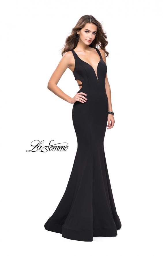Picture of: Long Jersey Mermaid Dress with Deep V and Strappy Back in Black, Style: 25594, Detail Picture 2