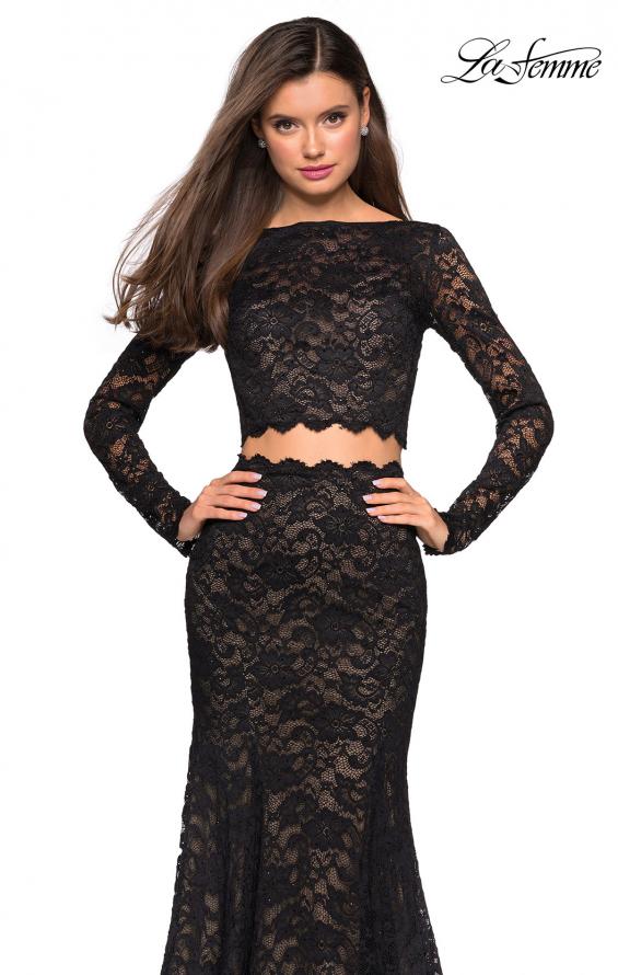 Picture of: Stretch Lace Long Sleeve Two Piece Prom Dress in Black, Style: 27601, Detail Picture 4