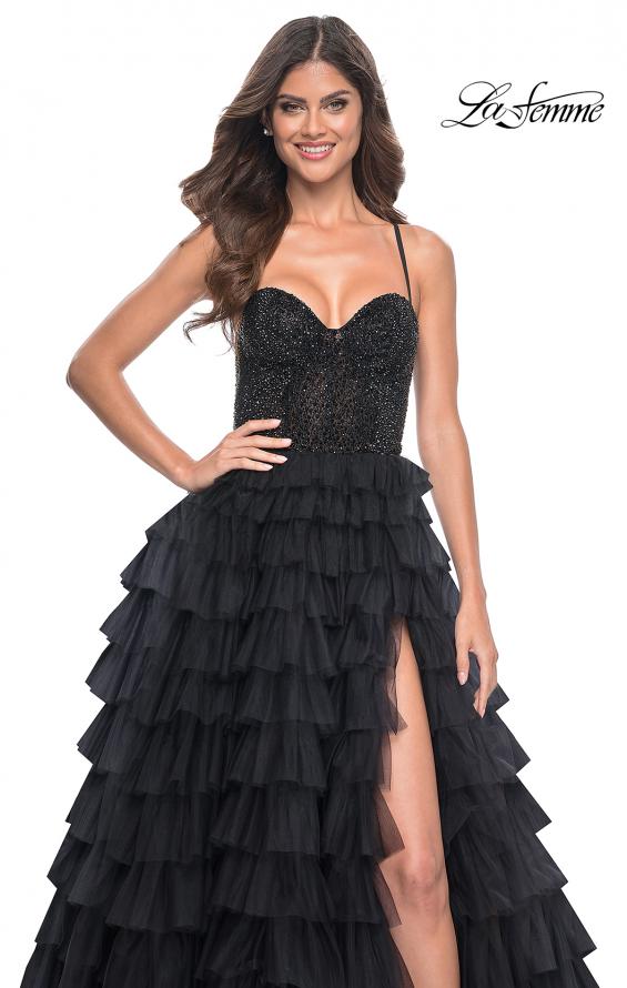 Picture of: Tiered Ruffle Tulle Prom Dress with Rhinestone Embellished Bodice in Black, Style: 32002, Detail Picture 4