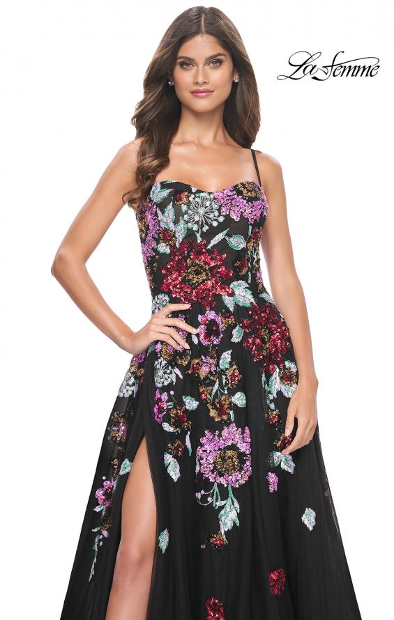 Picture of: Sequin Floral Print A-Line Tulle Gown with High Slit in Black, Style: 32019, Detail Picture 4