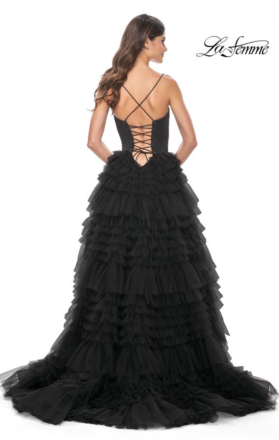 Picture of: Ruffle Tulle A-Line Dress with Satin Bustier Top in Black, Style: 32071, Detail Picture 4
